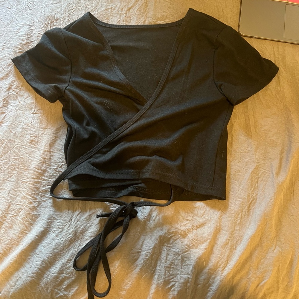 Black Crop Wrap Blouse with Tie Front